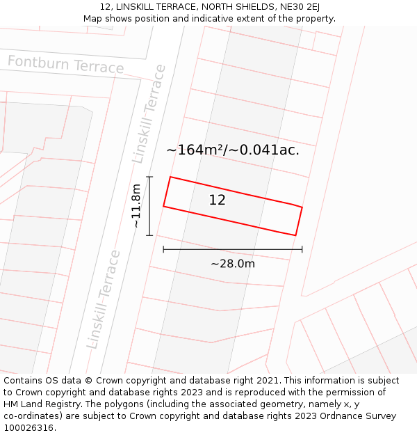 12, LINSKILL TERRACE, NORTH SHIELDS, NE30 2EJ: Plot and title map