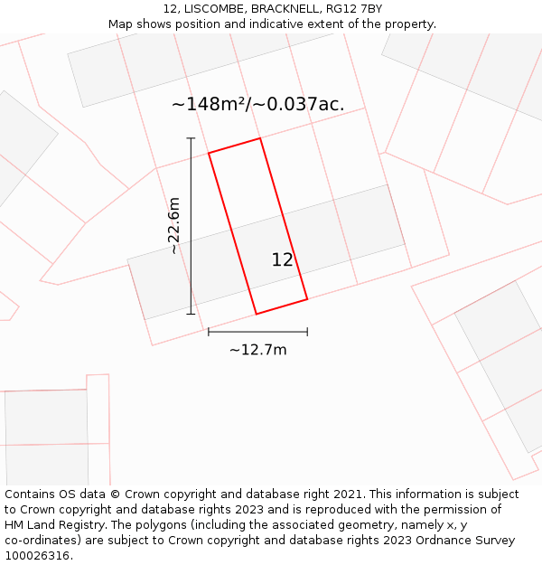 12, LISCOMBE, BRACKNELL, RG12 7BY: Plot and title map