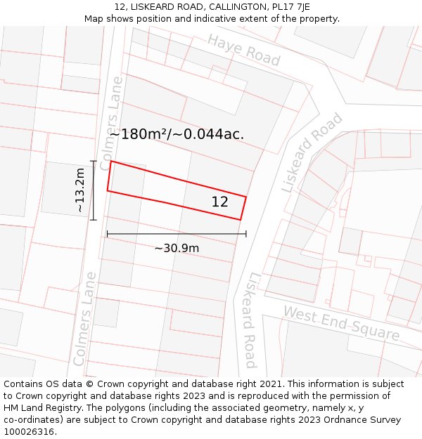 12, LISKEARD ROAD, CALLINGTON, PL17 7JE: Plot and title map