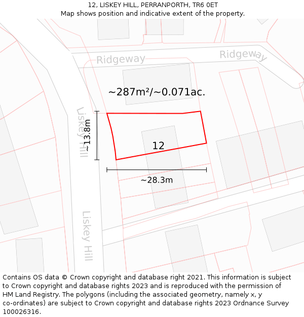 12, LISKEY HILL, PERRANPORTH, TR6 0ET: Plot and title map