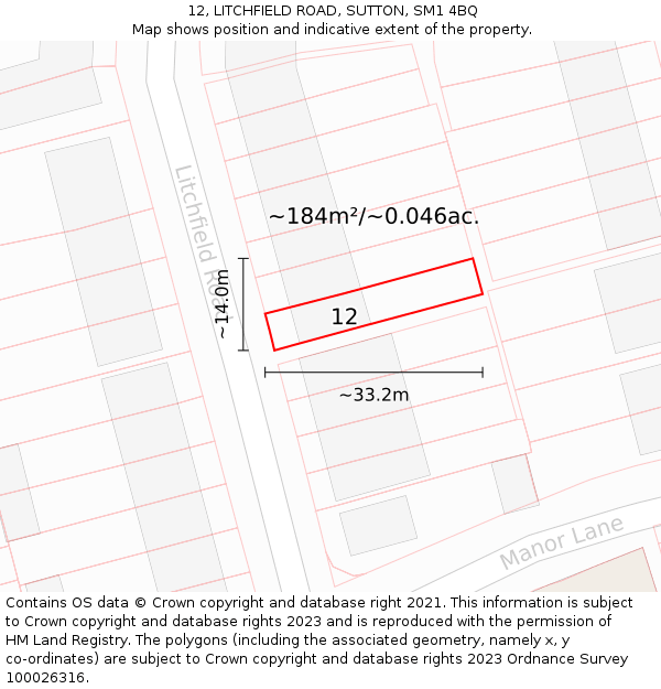 12, LITCHFIELD ROAD, SUTTON, SM1 4BQ: Plot and title map