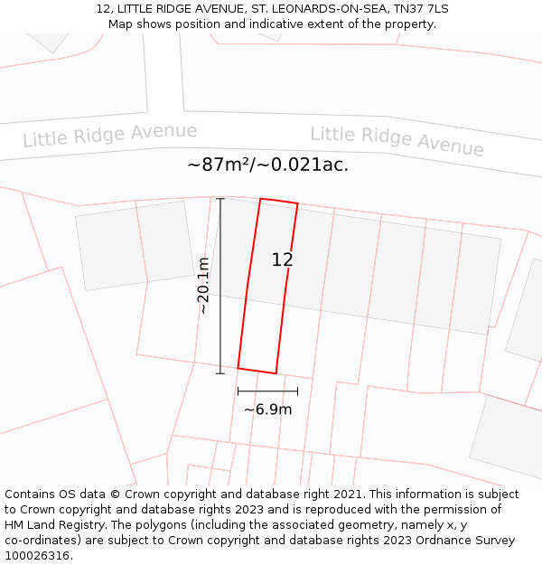 12, LITTLE RIDGE AVENUE, ST. LEONARDS-ON-SEA, TN37 7LS: Plot and title map