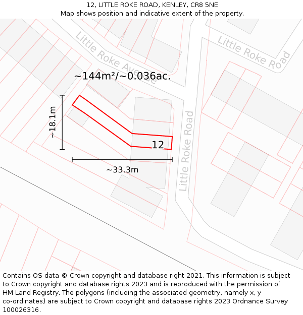 12, LITTLE ROKE ROAD, KENLEY, CR8 5NE: Plot and title map