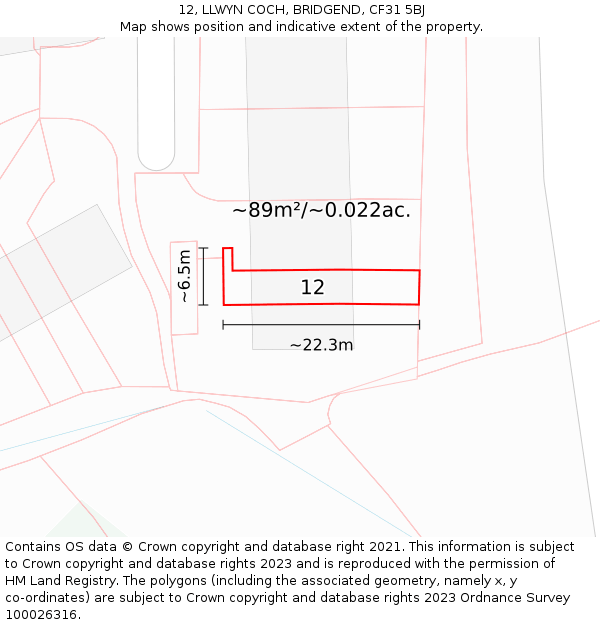12, LLWYN COCH, BRIDGEND, CF31 5BJ: Plot and title map