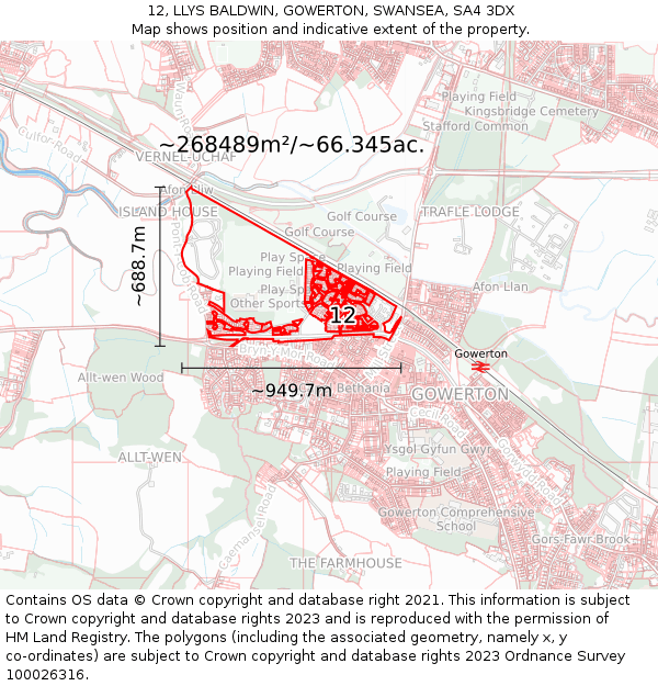 12, LLYS BALDWIN, GOWERTON, SWANSEA, SA4 3DX: Plot and title map