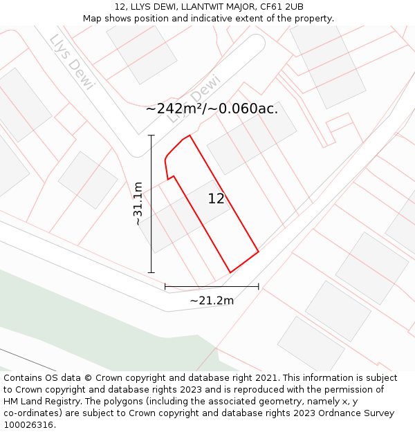 12, LLYS DEWI, LLANTWIT MAJOR, CF61 2UB: Plot and title map