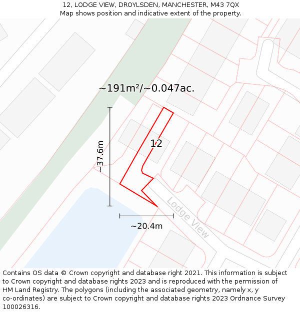 12, LODGE VIEW, DROYLSDEN, MANCHESTER, M43 7QX: Plot and title map