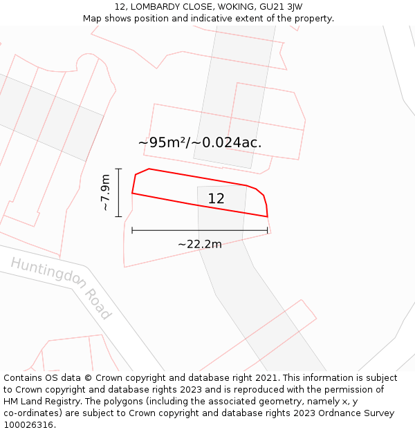 12, LOMBARDY CLOSE, WOKING, GU21 3JW: Plot and title map
