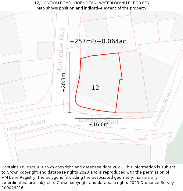 12, LONDON ROAD, HORNDEAN, WATERLOOVILLE, PO8 0SY: Plot and title map