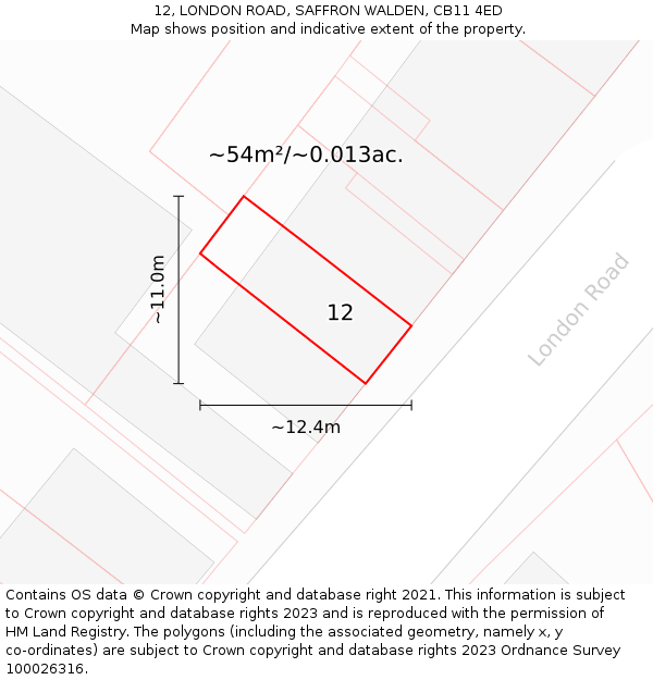 12, LONDON ROAD, SAFFRON WALDEN, CB11 4ED: Plot and title map