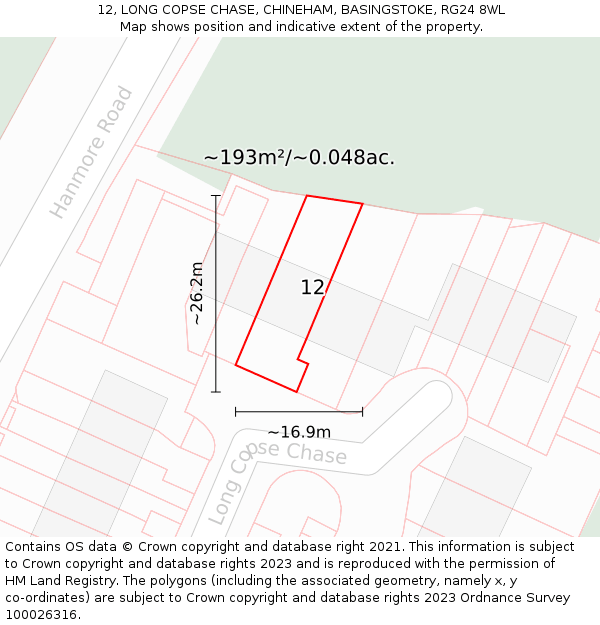 12, LONG COPSE CHASE, CHINEHAM, BASINGSTOKE, RG24 8WL: Plot and title map