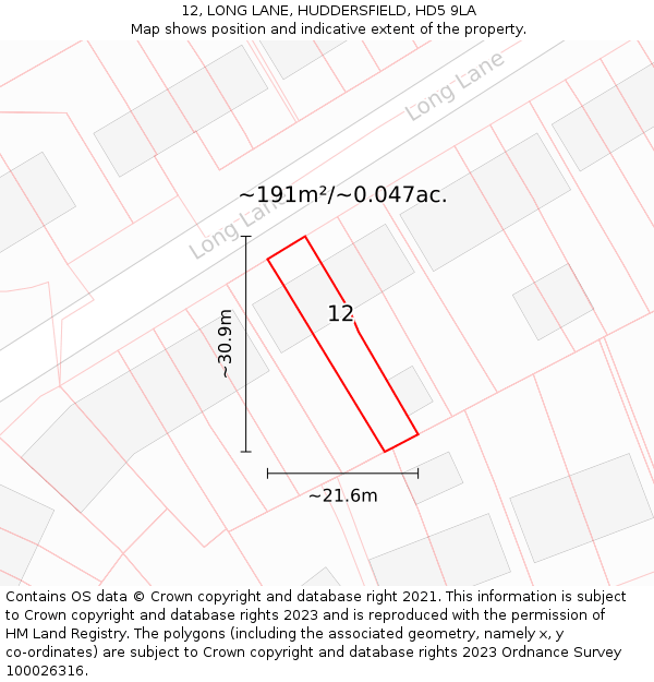 12, LONG LANE, HUDDERSFIELD, HD5 9LA: Plot and title map