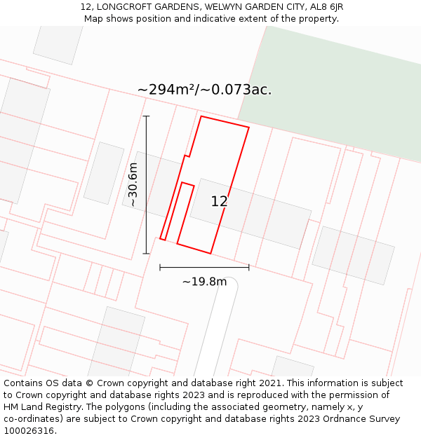 12, LONGCROFT GARDENS, WELWYN GARDEN CITY, AL8 6JR: Plot and title map