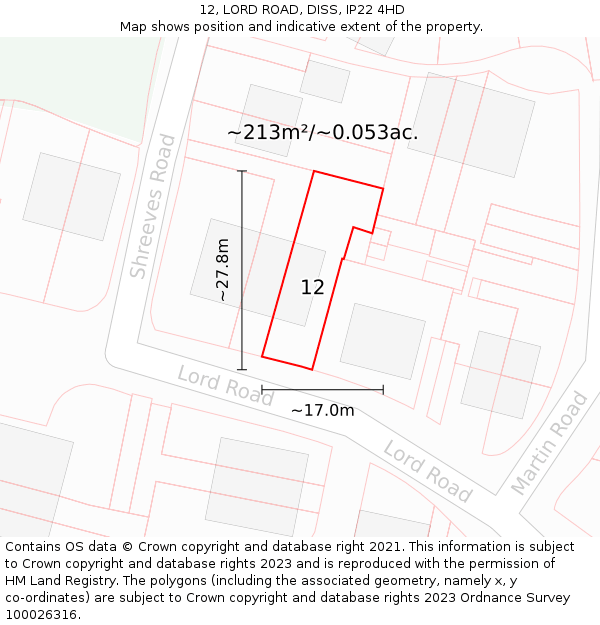 12, LORD ROAD, DISS, IP22 4HD: Plot and title map