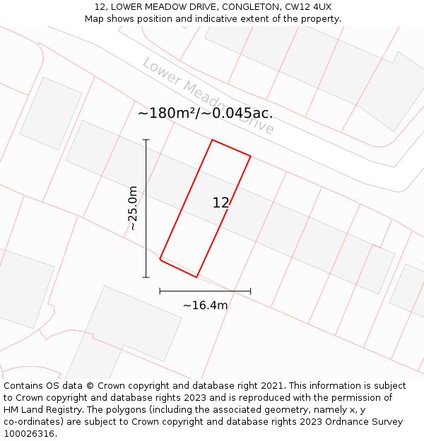 12, LOWER MEADOW DRIVE, CONGLETON, CW12 4UX: Plot and title map