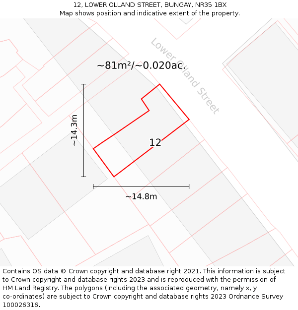 12, LOWER OLLAND STREET, BUNGAY, NR35 1BX: Plot and title map
