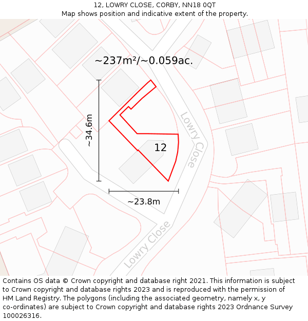 12, LOWRY CLOSE, CORBY, NN18 0QT: Plot and title map
