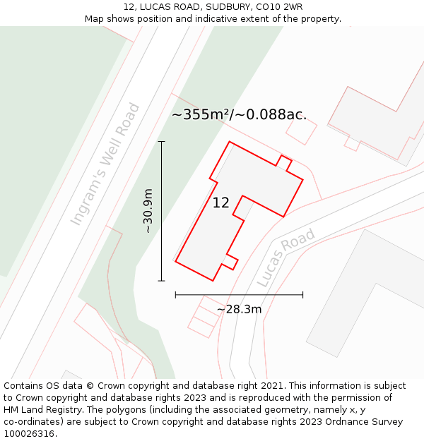 12, LUCAS ROAD, SUDBURY, CO10 2WR: Plot and title map