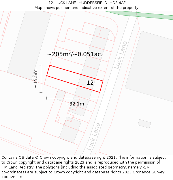 12, LUCK LANE, HUDDERSFIELD, HD3 4AF: Plot and title map