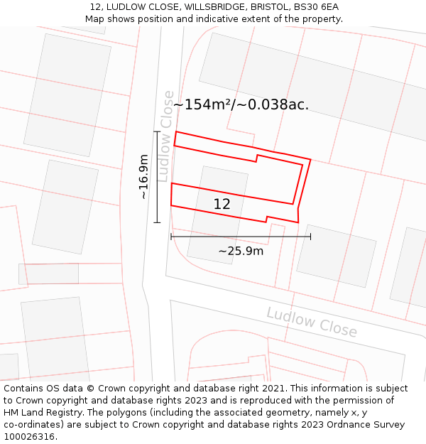 12, LUDLOW CLOSE, WILLSBRIDGE, BRISTOL, BS30 6EA: Plot and title map