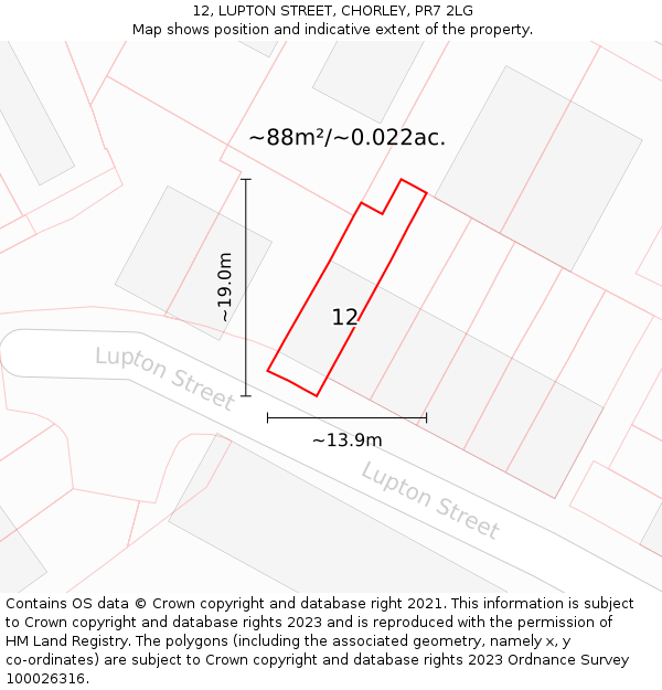 12, LUPTON STREET, CHORLEY, PR7 2LG: Plot and title map