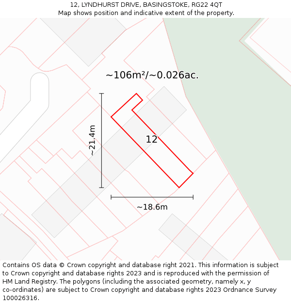 12, LYNDHURST DRIVE, BASINGSTOKE, RG22 4QT: Plot and title map