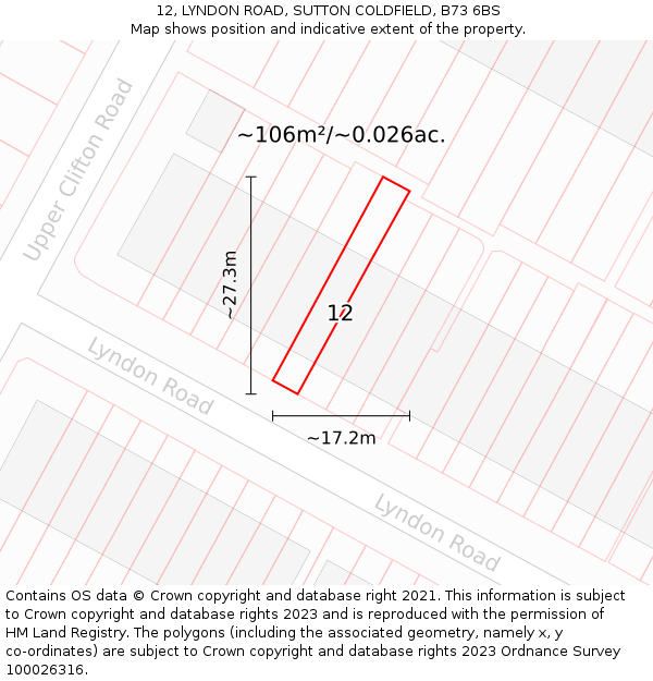 12, LYNDON ROAD, SUTTON COLDFIELD, B73 6BS: Plot and title map
