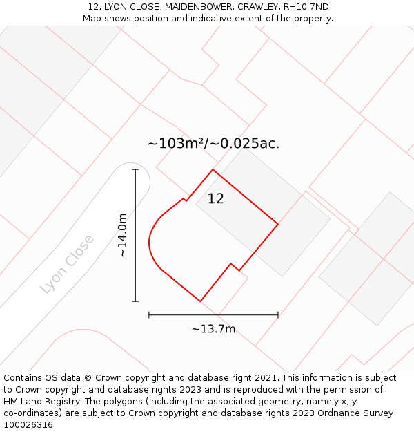 12, LYON CLOSE, MAIDENBOWER, CRAWLEY, RH10 7ND: Plot and title map