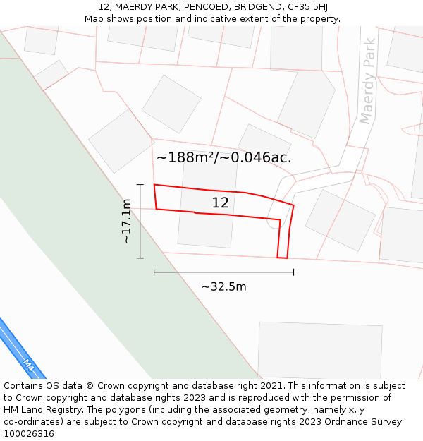 12, MAERDY PARK, PENCOED, BRIDGEND, CF35 5HJ: Plot and title map