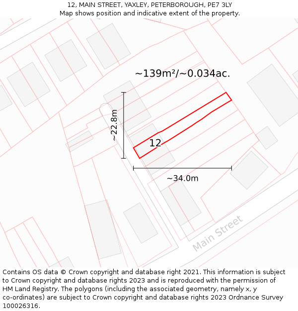 12, MAIN STREET, YAXLEY, PETERBOROUGH, PE7 3LY: Plot and title map