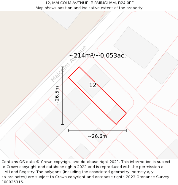 12, MALCOLM AVENUE, BIRMINGHAM, B24 0EE: Plot and title map