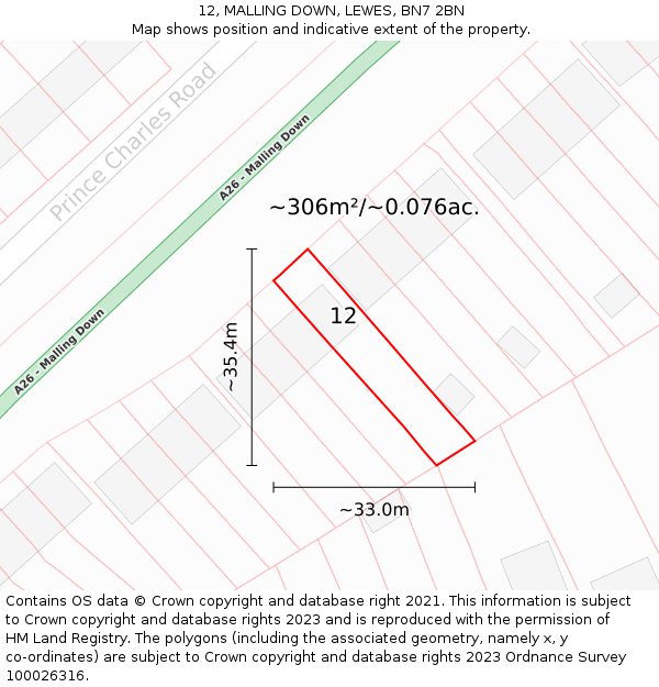 12, MALLING DOWN, LEWES, BN7 2BN: Plot and title map