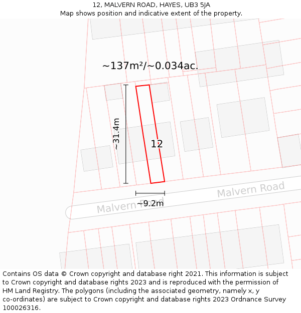 12, MALVERN ROAD, HAYES, UB3 5JA: Plot and title map