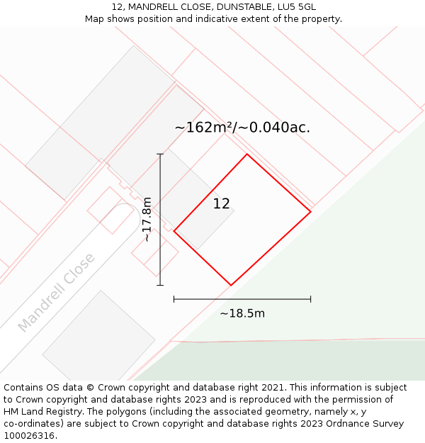 12, MANDRELL CLOSE, DUNSTABLE, LU5 5GL: Plot and title map