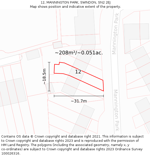12, MANNINGTON PARK, SWINDON, SN2 2EJ: Plot and title map