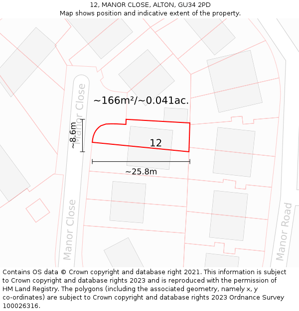 12, MANOR CLOSE, ALTON, GU34 2PD: Plot and title map