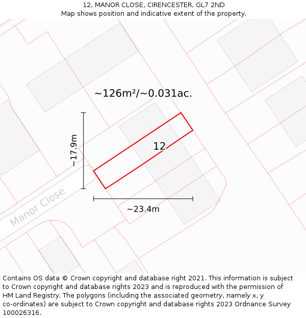 12, MANOR CLOSE, CIRENCESTER, GL7 2ND: Plot and title map