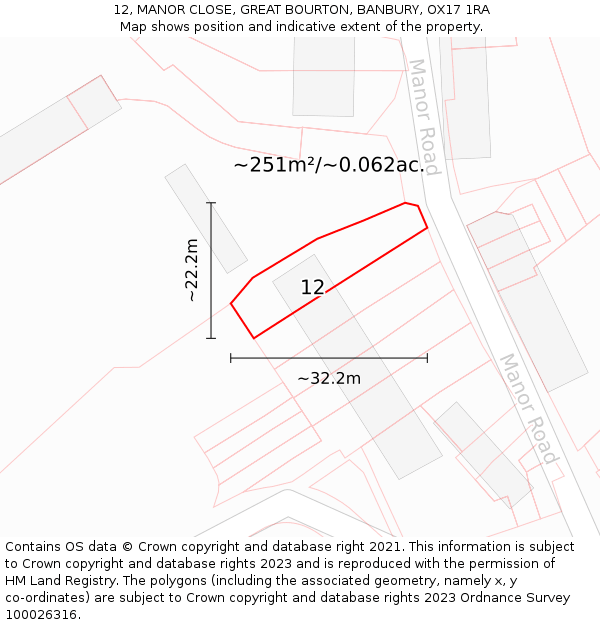 12, MANOR CLOSE, GREAT BOURTON, BANBURY, OX17 1RA: Plot and title map
