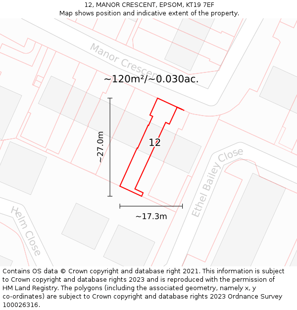 12, MANOR CRESCENT, EPSOM, KT19 7EF: Plot and title map