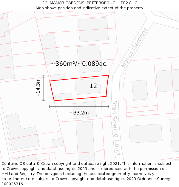 12, MANOR GARDENS, PETERBOROUGH, PE2 8HG: Plot and title map