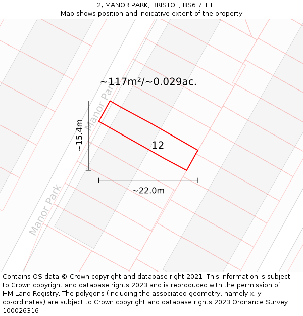 12, MANOR PARK, BRISTOL, BS6 7HH: Plot and title map