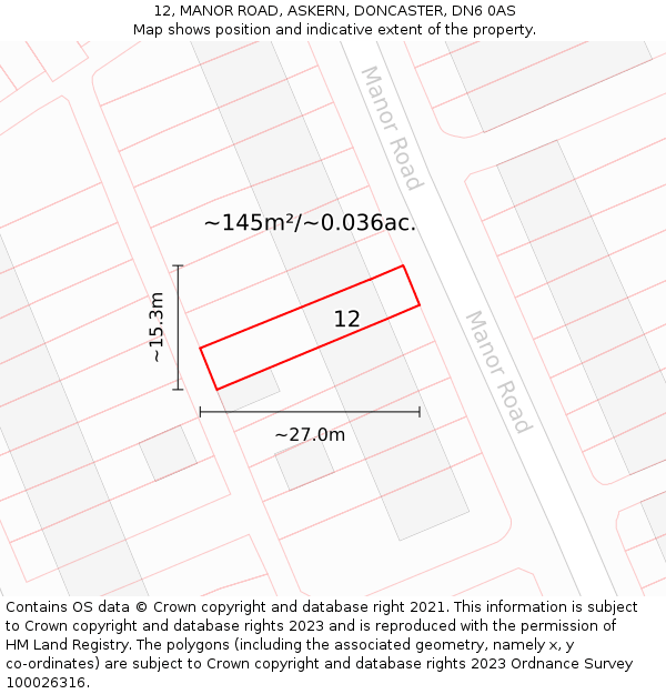 12, MANOR ROAD, ASKERN, DONCASTER, DN6 0AS: Plot and title map
