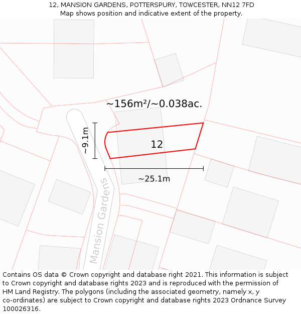 12, MANSION GARDENS, POTTERSPURY, TOWCESTER, NN12 7FD: Plot and title map