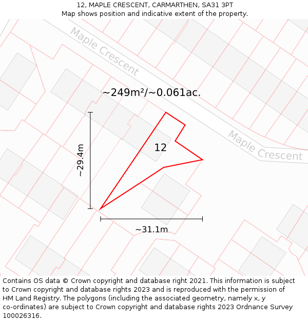 12, MAPLE CRESCENT, CARMARTHEN, SA31 3PT: Plot and title map