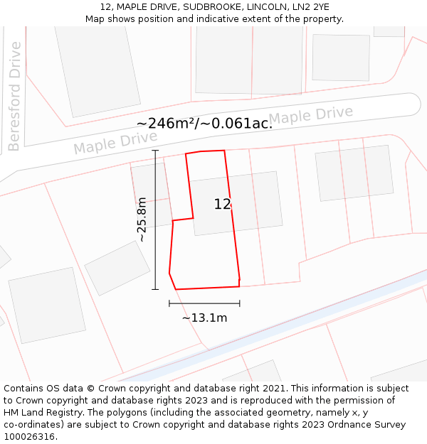 12, MAPLE DRIVE, SUDBROOKE, LINCOLN, LN2 2YE: Plot and title map