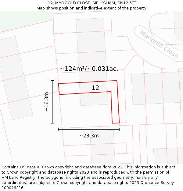 12, MARIGOLD CLOSE, MELKSHAM, SN12 6FT: Plot and title map