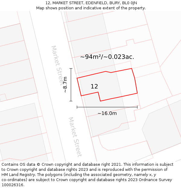 12, MARKET STREET, EDENFIELD, BURY, BL0 0JN: Plot and title map