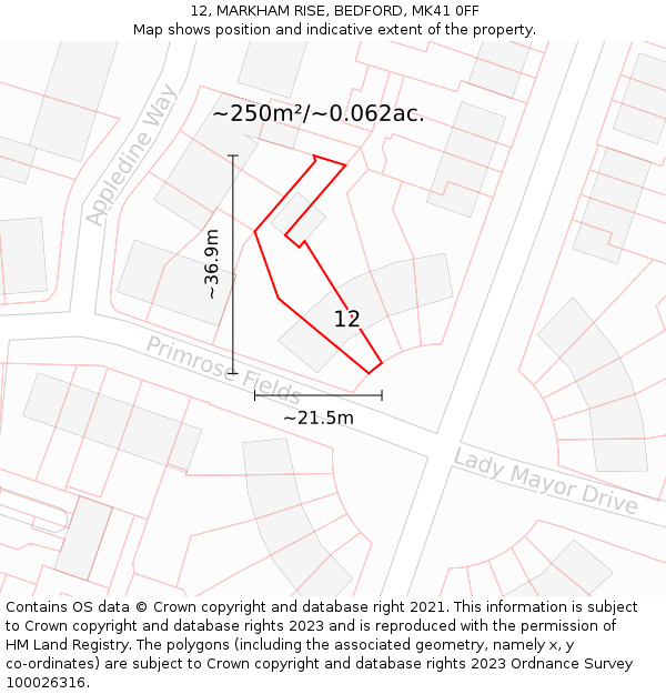 12, MARKHAM RISE, BEDFORD, MK41 0FF: Plot and title map