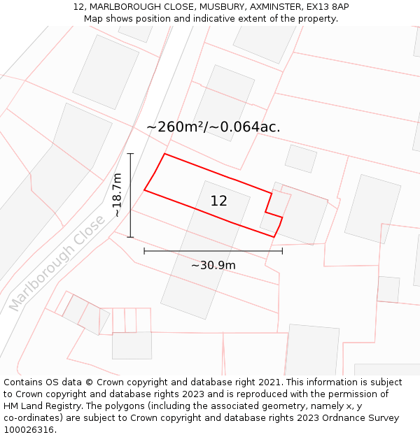 12, MARLBOROUGH CLOSE, MUSBURY, AXMINSTER, EX13 8AP: Plot and title map