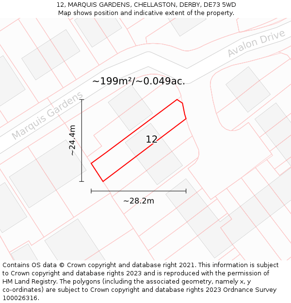12, MARQUIS GARDENS, CHELLASTON, DERBY, DE73 5WD: Plot and title map
